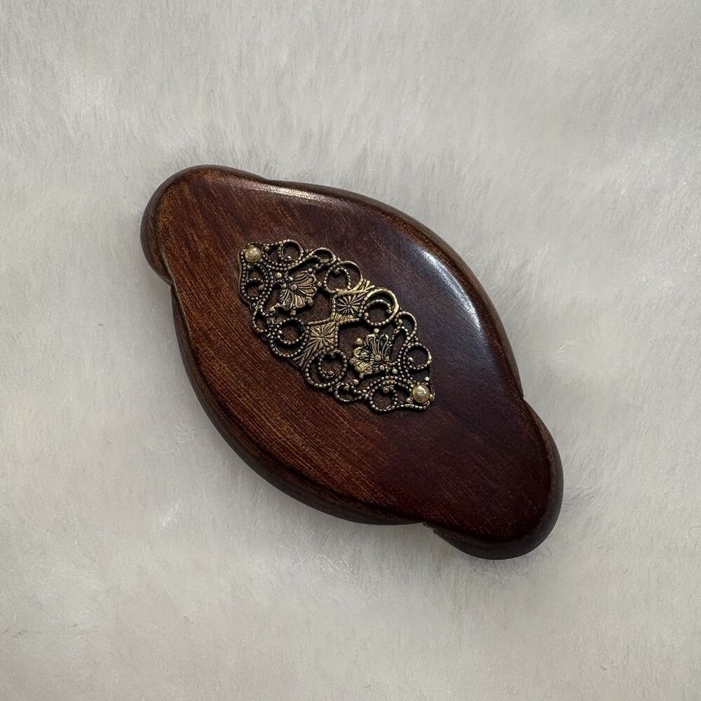 Polished Wood Brooch Pin with Antique Brass Filigree Accents
